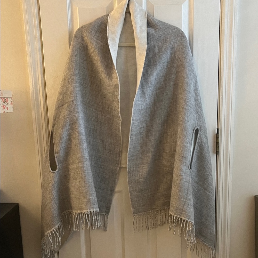 J. Crew Gray and Cream Fringe Shawl
